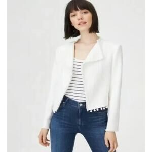 Club Monaco Jamia Blazer Womens Size 4 White Pom Pom Trim Open Career Jacket
